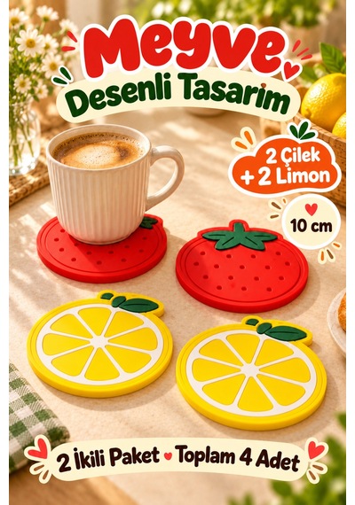 4'lü Çilek Limon Desenli Bardak Altlığı Seti 10 Cm Kahve Fincan Altlığı Renkli Sofra Sunum Aksesuarı Çok Renkli