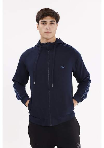 Rowinger Çift Şerit Kol Detaylı Tam Fermuarlı Cepli Rahat Kalıp Ayarlanabilir Kapüşonlu Sweatshirt Navyblue
