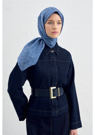 Armine Jakarlı İpek Pamuk Dama Eşarp - 4464 Mavi