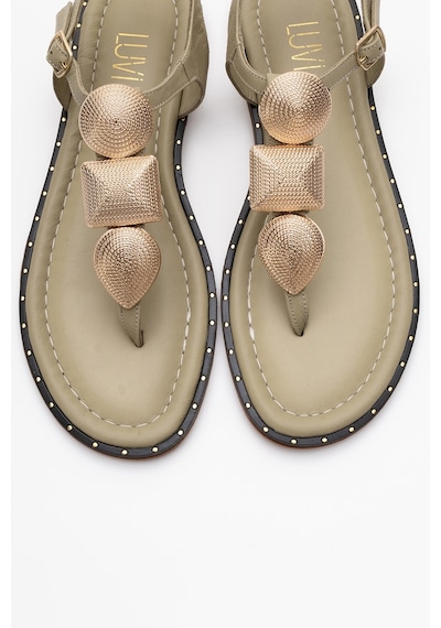 Luvishoes Luvi Shoes Helen Yeşil Hakiki Deri Parmak Arası Gold Tokalı Kadın Sandalet Yeşil