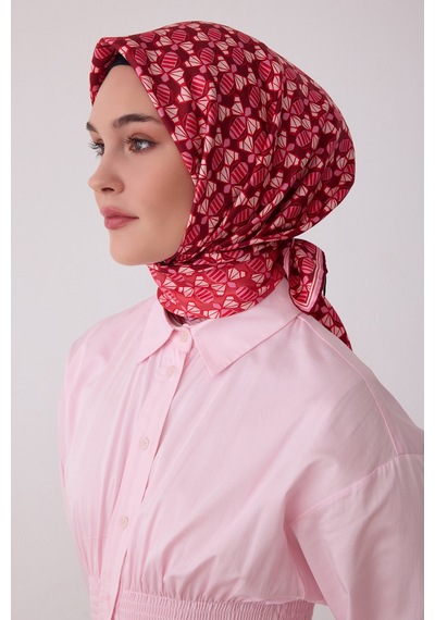 Belli Geometrik Desen %100 Twill İpek Eşarp Be03 Bordo