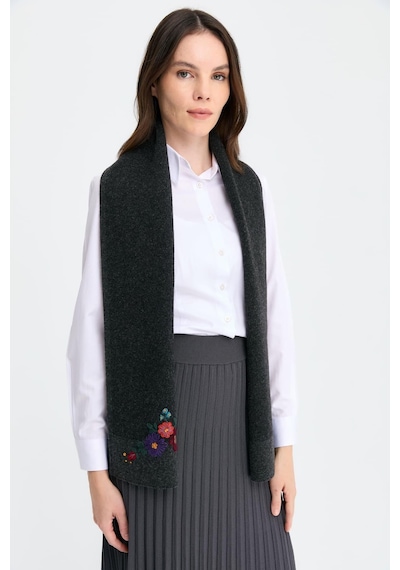 Desen Triko Kadın Kenarları Bordürlü Nakış İşlemeli Kaşkol K.füme K.füme