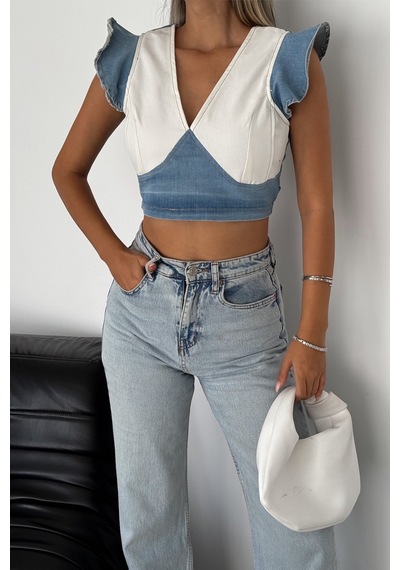 Femelle Kadın Mavi Sırtı Fermuarlı Crop Kot Bluz