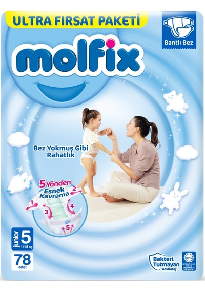 Molfix Bebek Bezi Beden: 5 11-18 Kg Junior 156 Adet + 6 Adet Mendil 5 Numara
