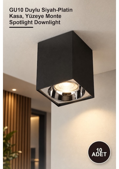 10 Adet Ct-5420sp Bergama Sıva Üstü Led Armatür Gu10 Duylu Siyah-platin Kasa, Yüzeye Monte Spotlight Downlight Bey