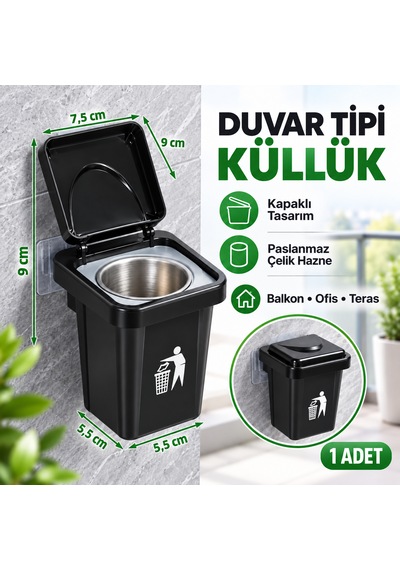 Çöp Kutusu Tasarımlı Duvar Küllüğü - Kapaklı Dekoratif Balkon Ofis Kül Tablası Paslanmaz Hazneli 1 Adet