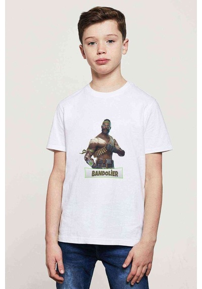 Tshirthane Bandolier Fortnite Baskılı Unisex Çocuk Beyaz T-Shirt