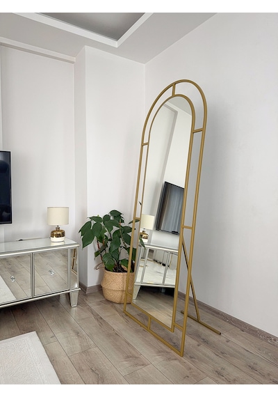 Effe Gold Metal Çerçeveli 180x70 Cm Pencere Model Oval Ayaklı Boy Aynası