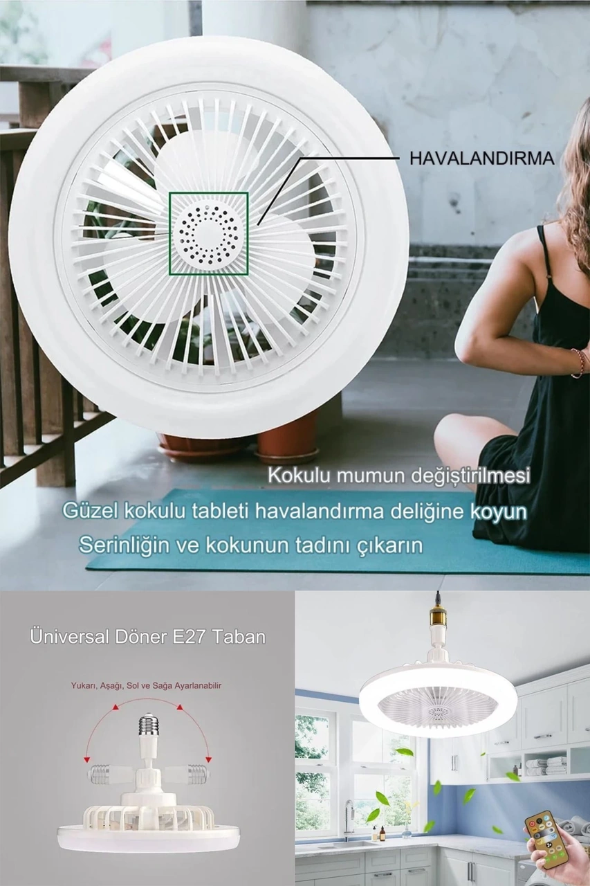 Yeni Nesil E27 Duylu Kumandalı Tavan Vantilatörlü Led Lamba 3 Hız Ayarı Ve 3 Renk Ayarı Çok Renkli