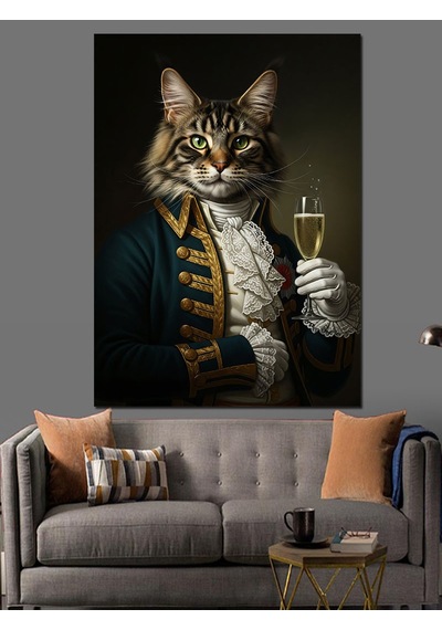 Ahşap Tablo Şampanya İçen Aristokrat Kedi