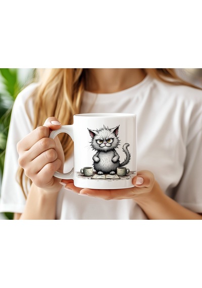 Kahve Seven Gri Kabarık Kedi Kupa Bardak - Sevimli Ve Komik Kedi Tasarımları - Hediye Beyaz