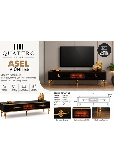 Asel Şömineli Tv Ünitesi Siyah Gold Detaylı Modern Tasarım 160 Cm