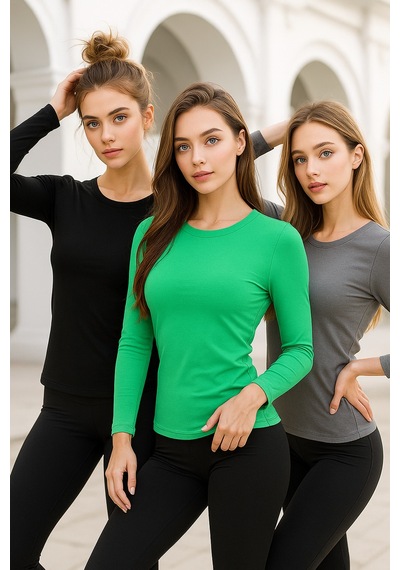 Kadın Siyah-füme-yeşil 3'lü Paket Bisiklet Yaka Uzun Kollu Body Siyah-füme-yeşil