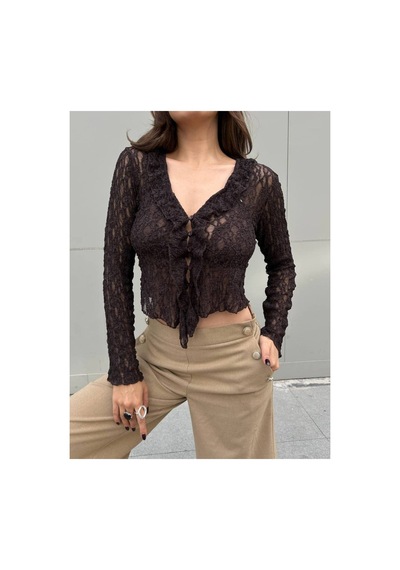 First Angels Dantelli Crop Bluz Kahve Kahve