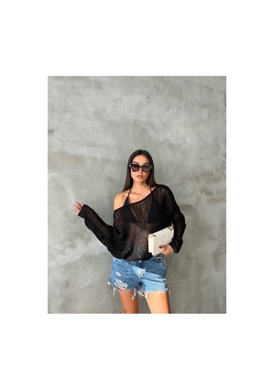De Pose Ajurlu Sonbahar Triko Oversize Bluz Kazak Siyah