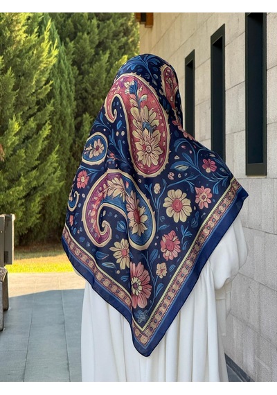 Qalortex Scarf Pamuklu Vintage Desen Eşarp-lacivert