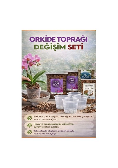 Orkide Toprağı Değişim Seti - Ithal Çam Kabuğu, Coco Cips, Kil Bilyesi Ve Şeffaf Saksı Seti 1