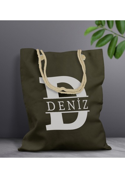 Bk Gift Kişiye Özel Harfli Haki Halat Saplı Kumaş Bez Çanta-1, Baskılı Omuz Çantası, Alışveriş Çantası