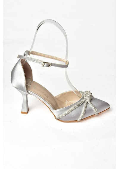 Fox Shoes S246061904 Gümüş Saten Kumaş Taşlı Abiye Ayakkabı Gümüş