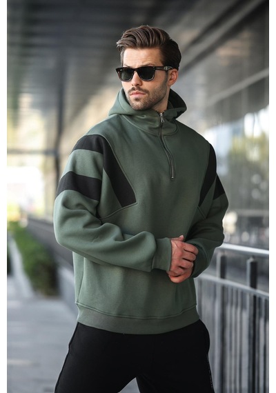 Madmext Haki Fermuarlı Yaka Kapüşonlu Erkek Sweatshirt E7161 Haki