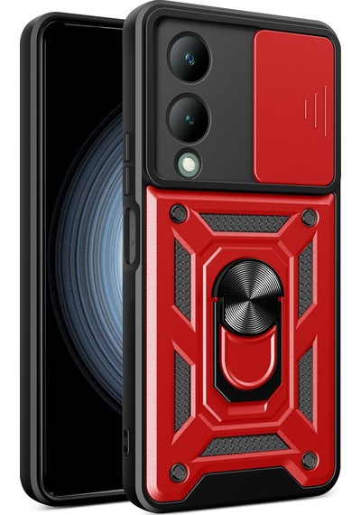 Vivo Y17s Uyumlu Kılıf Pars Lens Yüzüklü Silikon - Kırmızı