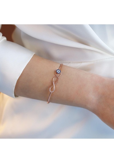 Sonsuzluk Nazar Boncuklu Annem Yazılı Rose Gold Kaplama Gümüş Kelepçe Gümüş