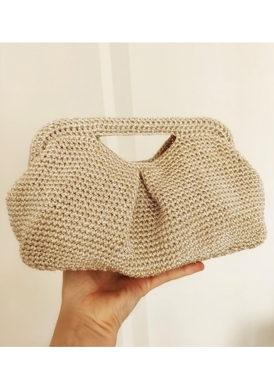 Kemzey Handmade Parlak Tutmalı El Çantaları , El Yapımı Işıltılı Clutch, Örgü El Çantası Bej - Bej