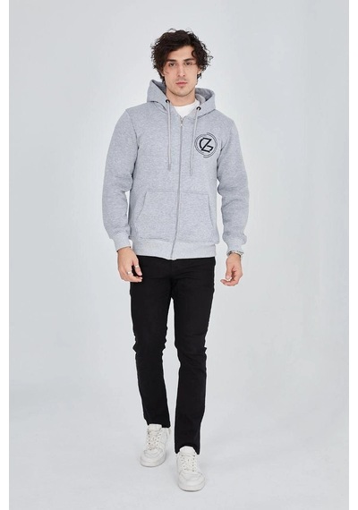 Erkek 3 İplik Pamuklu Fermuarlı Kapüşonlu Kanguru Cepli Baskılı Hoodie Hırka Sweatshirt - Gri