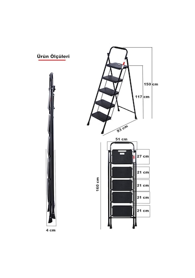 Perilla 51405 Stepla Geniş 5 Basamaklı Katlanır Merdiven Eurotower Siyah 5 Basamaklı
