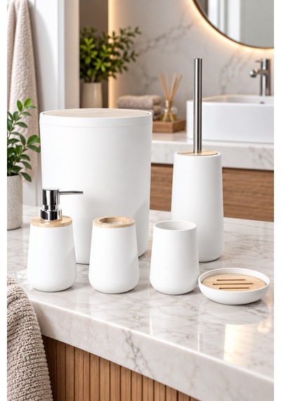 Eva 6 Parça Bambu Detaylı Banyo Seti Beyaz