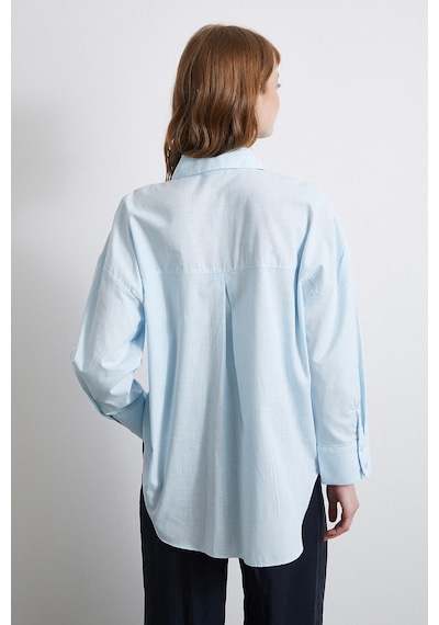Never More Keten Karışımlı Oversize Gömlek Mavi Mavi