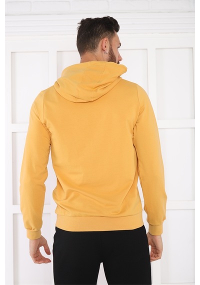 Escetic Spor Erkek Hardal Cepli, Kapüşonlu Sweatshirt-4169 Hardal