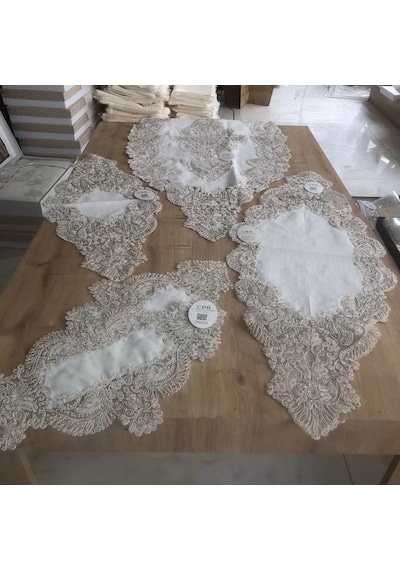 Salon Takımı Keten Angelika Çeyizlik Kreme Gold Runner Set 5 Parça Keten Ranır Masa Sehpa Konsol Örtüsü Sarı