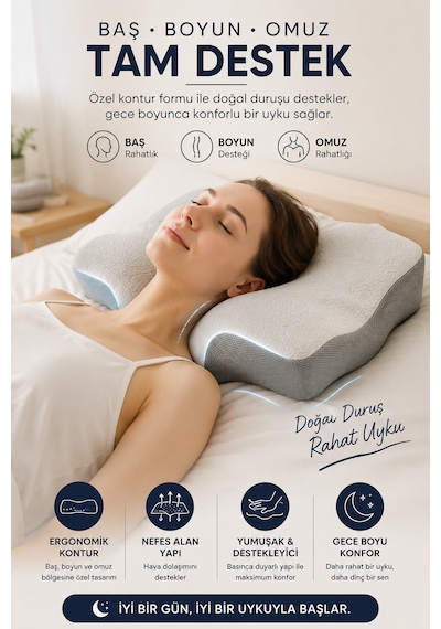 Premium Visco Yastık 62x42 Cm Boyun Destekli Ortopedik Uyku Yastığı Açık Gri