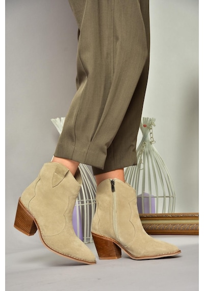 Fox Shoes T380082502 Bej Süet Kovboy Model Kalın Topuklu Kadın Bot Bej-süet Bej