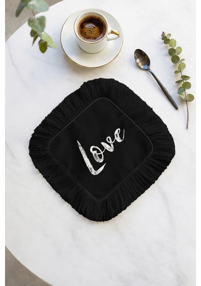Love Yazılı Saçaklı Kahve Yanı Sunum Kokteyl Peçetesi - Şık Modern Siyah Beyaz Bardak Altlığı Mendil Çok Renkli