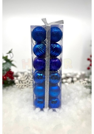 4 Cm - Yılbaşı Lüks Top Süs Seti 24 Adet Lacivert Simli-parlak-mat-disco-çizgili Özel Pvc Kutu