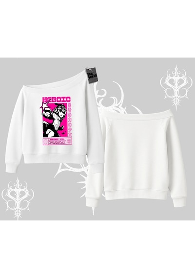 Startmore Kayık Yaka Sweatshirt Heroic Anime Girl Japon Stil Grafik Baskılı Beyaz