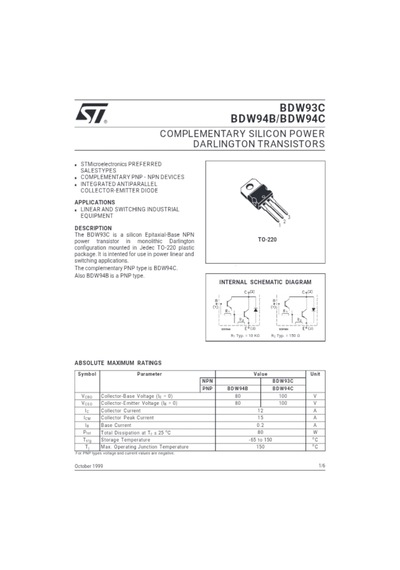Bdw94c 12a 100v Pnp Darlington Power Transistor To-220