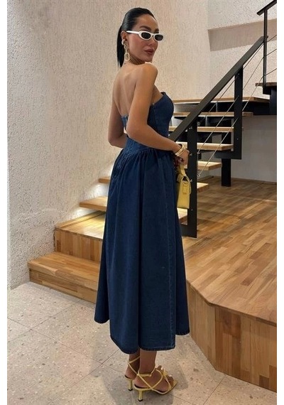 Defymoda Beli Pileli Straplez Denim Elbise 2886 Denim