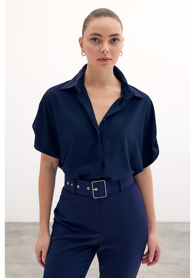Sateen Kol Detaylı Salaş Gömlek - Lacivert-134584 Lacivert