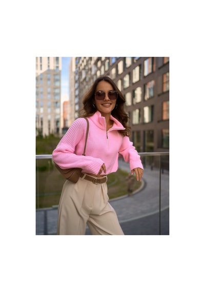 Cloudy Kids Kadın Oversize Fermuarlı Crop Triko Kazak Günlük Kullanım Mevsimlik Pembe - 607293446 Pembe