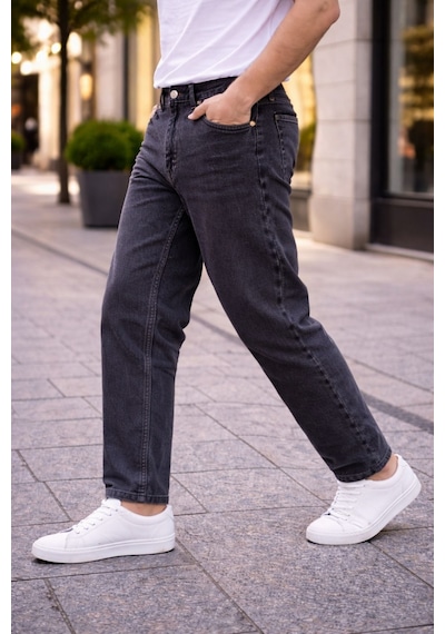 Cedy Denim Dar Paça Erkek Yüksek Bel Kot Pantolon - Salaş Mom Jean C333 Antrasit