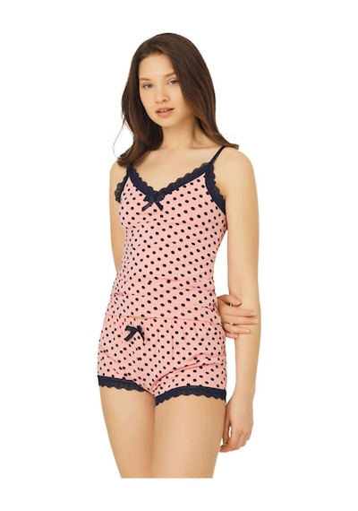 Cottonhill Pembe Lacivert Puantiyeli İnce Askılı Şortlu Pamuklu Pijama Takım Çok Renkli
