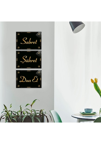 Decorita Cam Tablo|Sabret-Şükret-Dua Et-Gold  Yazı|14,8cm x 21cm