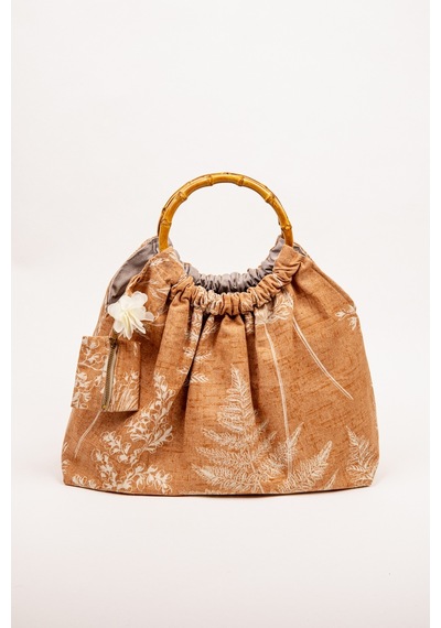 Fabric Craft Bag El Çantası Keten Kumaş Bambu Saplı Çiçek Desen Taba - Kahverengi