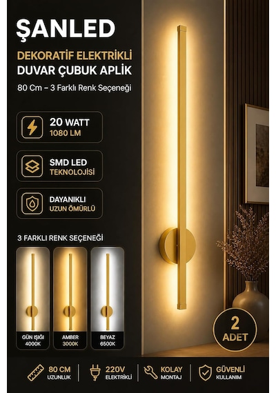Dekoratif 20w İç Mekan Gold Kasa 3 Renkli Işık Elektrikli 80 Cm Duvar Aplik 2 Adet Diğer