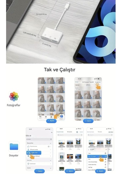 E-kervan 3'ü 1 Arada Apple Uyumlu iPhone Lightning To Tf Sd Kart Ve Usb Çevirici Dönüştürücü Sağlam 1 Adet