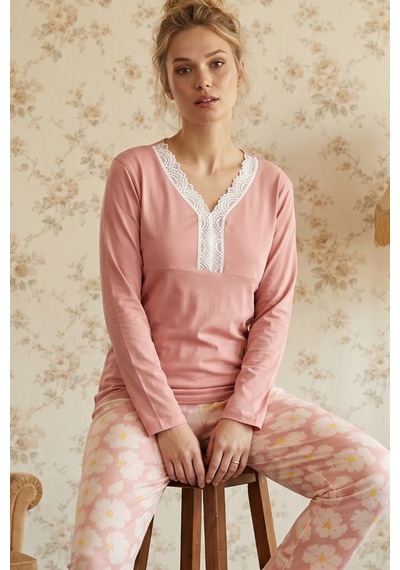 Siyah İnci Somon Desenli V Yaka Dantelli Viskon Örme Pijama Takım 26224654