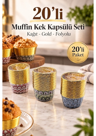 20 Li Muffin Kek Kapsülü Seti - Kağıt - Gold - Folyolu Çok Renkli